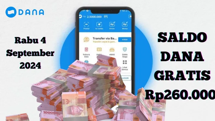 Selamat saldo dana gratis Rp260.000 bisa anda klaim sekarang masuk dompet elektronik hari ini Rabu 4 September 2024. (Poskota/Syania Nurul Lita Baikuni)