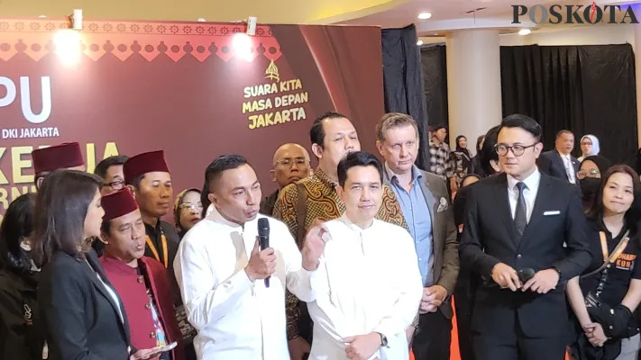 Paslon nomor urut 2 Dharma Pongrekun-Kun Wardana saat konferensi pers usai debat kedua di Ancol, Minggu, 27 Oktober 2024. (Poskota/Pandi)