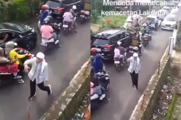 Momen Aa Gym turun ke jalan untuk atur kemacetan lalu lintas di Bandung.(Tangkap Layar Instagram/@jurnal/soreang)