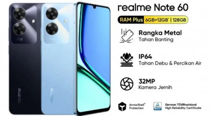 Realme Note 60 baru saja dirilis. Ponsel pintar ini siap menjajal pasar entry-level. (bjcell.id)