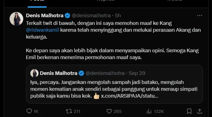 Denis Malhotra akhirnya meminta maaf kepada Ridwan Kamil.(X/@denismalhotra)