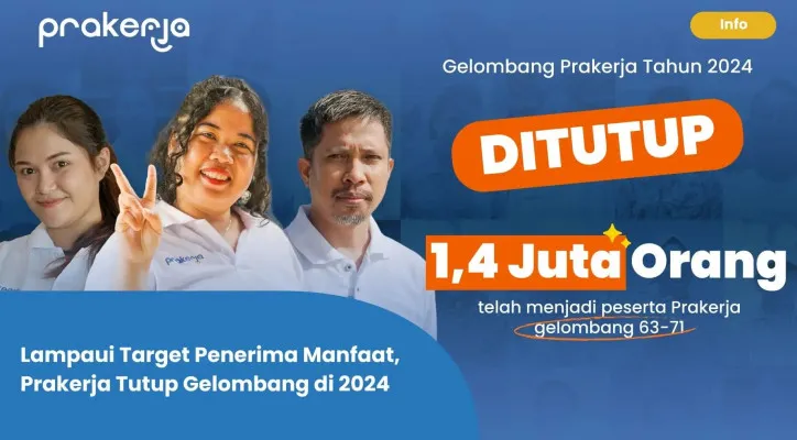 Program Kartu Prakerja 2024 ditutup, sebanyak 1,4 juta orang menerima manfaat bantuan berupa beasiswa pelatihan kerja gratis dan insentif. (Prakerja)