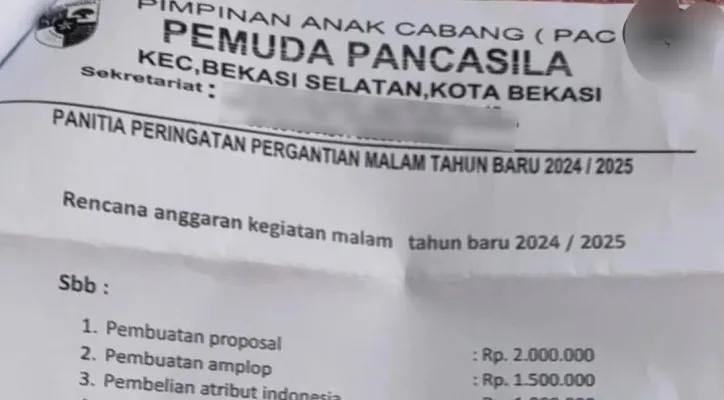 Proposal kegiatan Tahun Baru PAC Pemuda Pancasila di Bekasi Selatan, viral di media sosial, Kamis, 26 Desember 2024. (Dok : @folkkonoha).