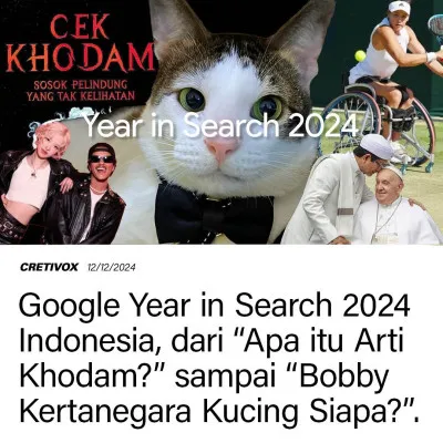 Google Year in Search 2024 menunjukkan kata kunci dicari oleh pengguna Google dalam setahun terakhir. (Instagram/@cretivox)