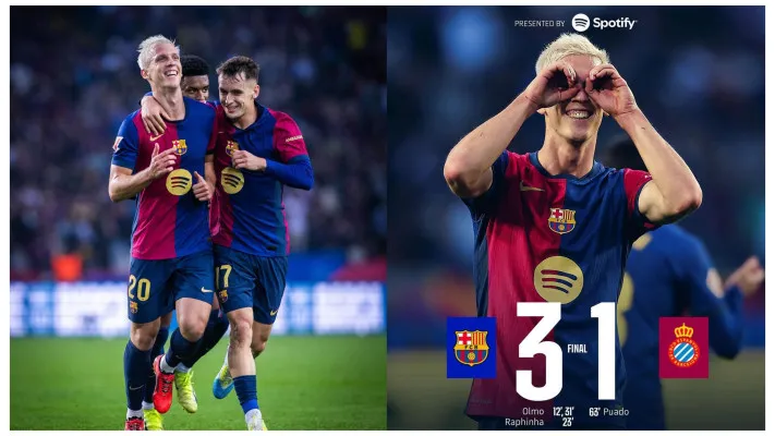 Barcelona berhasil melibas Espanyol dengan skor 3-1 dan keluar sebagai pemenang dalam Derby Katalunya di laga lanjutan LaLiga 2024/25 yang tersaji di Estadi Olimpic Lluis Companys, Minggu, 3 November malam WIB. (Instagram FCBarcelona)