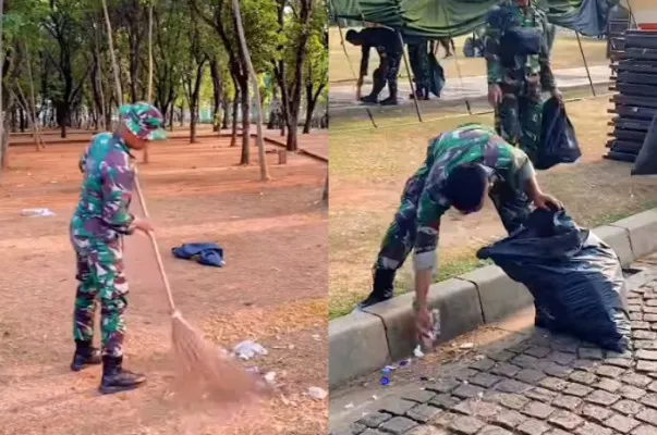 Aksi bersih-bersih prajurit TNI di area Monas pasca perayaan HUT TNI ke-79.(Tangkap Layar Instagram/@aboutdkj)