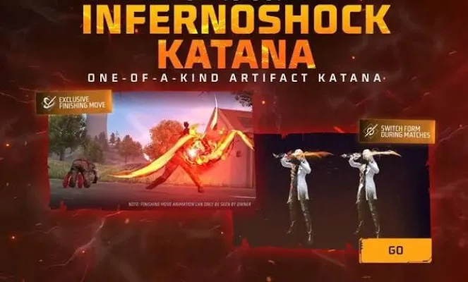 Hadiah Katana infernoshock dari klaim kode Redeem ff hari ini 15 Agustus 2024. (Garena)