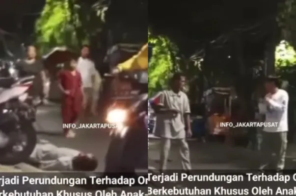 Aksi perundungan di Jakarta Pusat kepada pria berkebutuhan khusus hingga ditendang.(Tangkap Layar Instagram/@infojakpus_id)