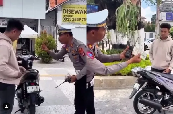 Viral seorang pengendara motor kena tilang polisi seusai ganti plat nomor dengan nama kekasih.(Tangkap Layar Instagram/@memomedsos)