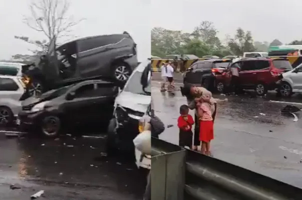 Kecelakaan beruntun di Tol Cipularan KM 92 pada hari ini Senin, 11 November 2024.(Tangkap Layar X/@nambahsahabat)