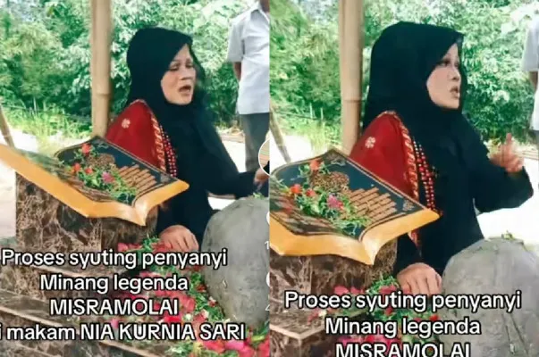 Misramolai membuat video klip di makam Nia Kurnia Sari.(Tangkap Layar TikTok/@aldilaso29)