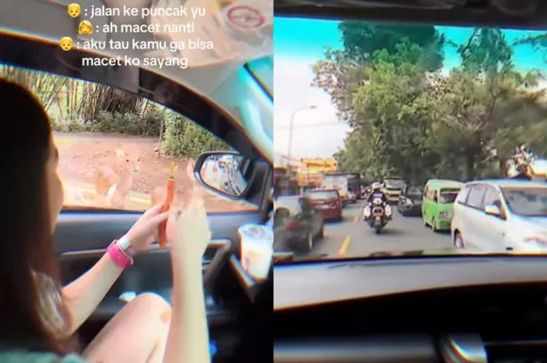 Sepasang kekasih dikawal patwal agar tidak terjebak macet untuk berlibur ke Puncak, Bogor.(Tangkap Layar Instagram/@folkshitt)