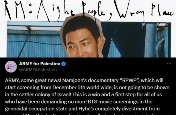 Film dokumenter RM BTS tidak ditayangkan di Israel dan mendapat dukungan dari ARMY. (Kolase X/NSS_forRM/@ARMY4Palestine)