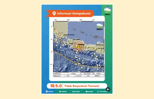 Badan Meteorologi, Klimatologi, dan Geofisika (BMKG) menyatakan Gempa 5 Magnitudo di Kabupaten Bandung dipicu oleh aktivitas sesar Garsela. (@infobmkg)