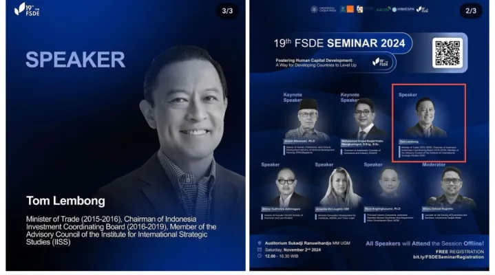 Poster jadwal Seminar Tom Lembong di Universitas Gajah Mada (UGM) Yogyakarta, Sabtu 2 November 2024. (Instagram Anies Baswedan)