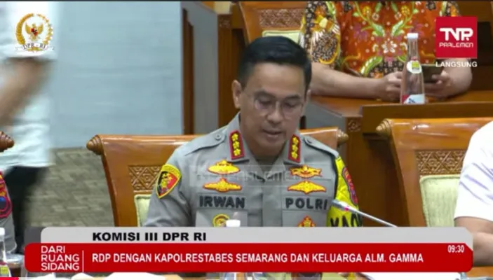 Kapolrestabes Semarang Kombes Pol Irwan Anwar dihadapan Komisi III DPR RI hari ini, Selasa 3 Desember 2024. (Capture Youtube DPR RI)