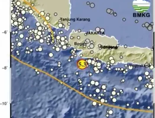 Gempa sebesar magnitudo 5,3 terjadi di Sukabumi - Jabar hari ini pukul 16.54 WIB. (X/@infoBMKG)