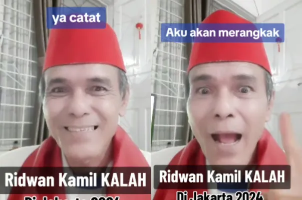 Oscar Dany Susanto atau si peci merah berjanji merangkak ke Monas jika Ridwan Kamil menang dalam Pilkada Jakarta 2024.(TikTok/@salam_pancasila2)