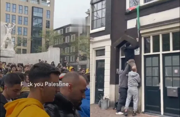 Supporter Israel melakukan tindakan provokatif sebelum tim mereka, Maccabi Tel Aviv melawan Ajax Amsterdam.(X/@mazzenilsson)