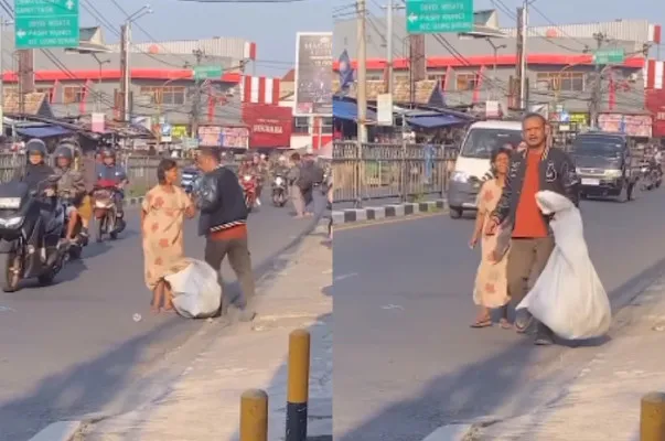 Aksi pria pakaikan baju kepada ODGJ wanita di Bandung.(Tangkap Layar Instagram/@memomedsos)