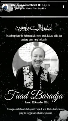 Kabar duka kembali datang dari dunia hiburan tanah air. Aktor Fuad Muhammad Baradja atau Fuad Baradja meninggal dunia pada Jumat, 6 Desember 2024. (Instagram Sahrul Gunawan Official)