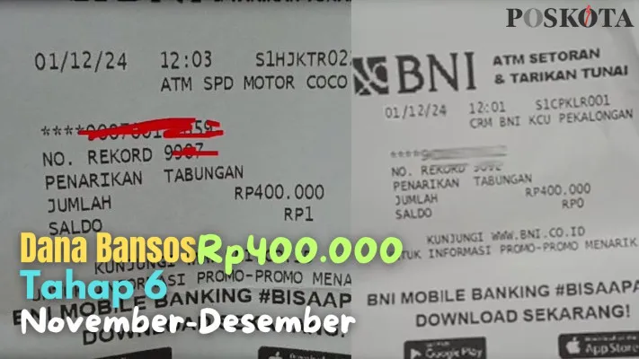 Kolase bukti setruk pencairan saldo dana bansos Rp400.000 di KKS Bank Negara Indonesia (BNI) tertanggal 1 Desember 2024 (YouTube INFO BANSOS/Fani Ferdiansyah)