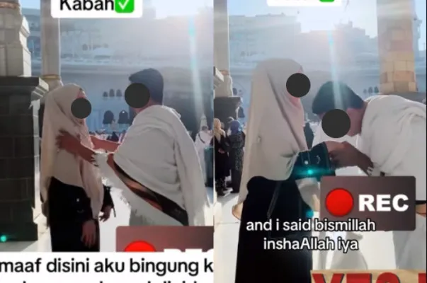 Momen seorang pria melamar wanitanya di depan Ka'bah.(Tangkap Layar Instagram/@folkshiit)