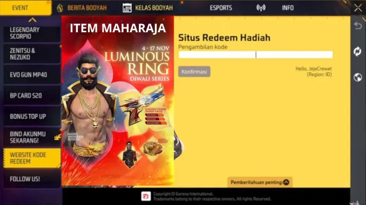 Item karakter unik Maniak Maharaja dari kode Redeem ff terbaru hari ini 13 Agustus 2024. (Garena)