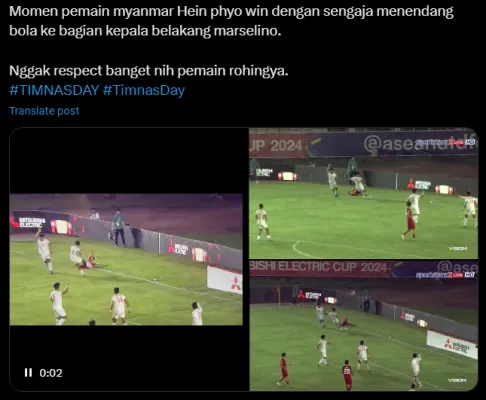 Pemain Myanmar terlihat sengaja menyepakkan bola ke kepala bagian belakang Marselino Ferdinan. (X/@satria_gigin)