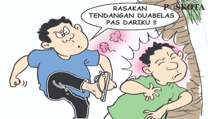 Kartun Nah Ini Dia: Berkelahi Melawan 'Pencuri' Tewas Kejedot Batang Kelapa. (kartunis: poskota/ucha)