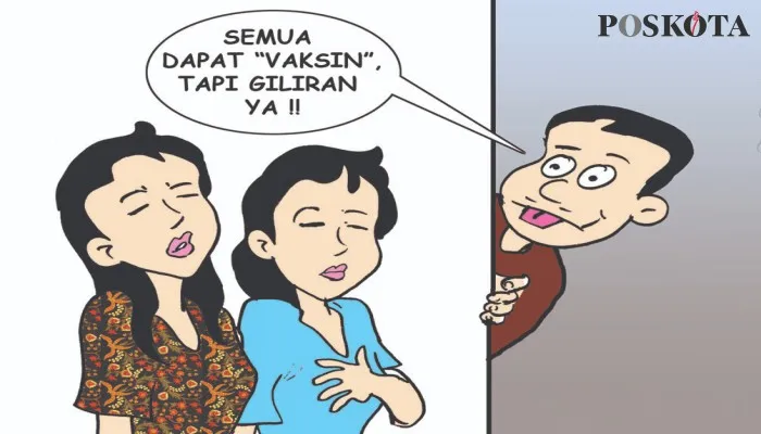 Karikatur Nah Ini Dia: Yang Menderita Sakit Ayah yang 'Divaksin' Anak-anaknya. (karikaturis: poskota/ucha)