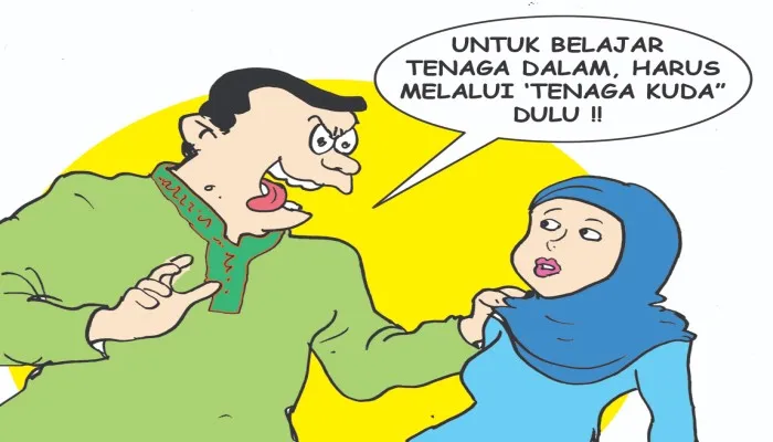 Karikatur Nah Ini Dia: Masukkan Ilmu Tenaga Dalam, Ustaz Nodai Tiga Santriwati. (karikaturis: poskota/ucha)