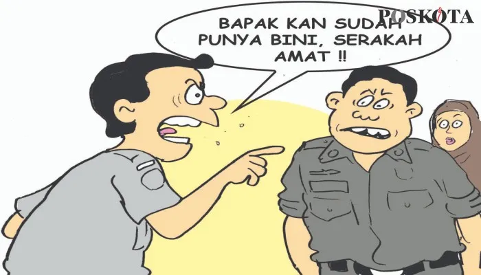 Kartun Nah Ini Dia: Cinta Kasastpol PP Digas Pol, Pesaing Pun Ditembak Pistol. (kartunis: poskota/ucha)