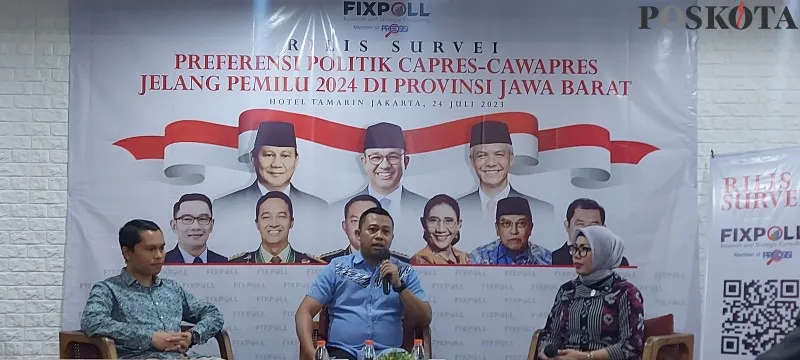 Direktur Eksekutif PIXPOLL Indonesia, Dr. Mohammad Anas RA, memaparkan hasil survey calon Presiden Prabowo dan Anies di Jawa Barat. (Angga)