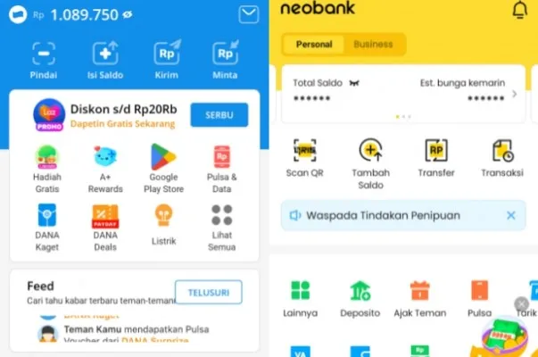Gambar tampilan beranda Saldo DANA dan Aplikasi NeoBank. (Ist)