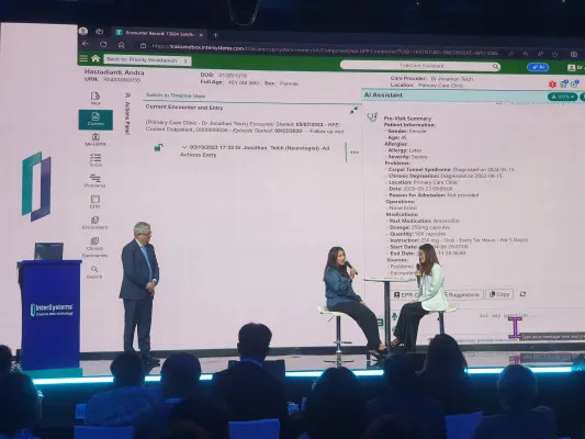 Demonstrasi penggunaan produk InterSystems, TrakCare, yang menampilkan pasien dan dokter di hadapan tamu undangan dari kalangan stakeholder di bidang kesehatan. Pemeragaan ini berlangsung di Jakarta, Rabu, 21 Agustus 2024. (Poskota/Umar Mukhtar)