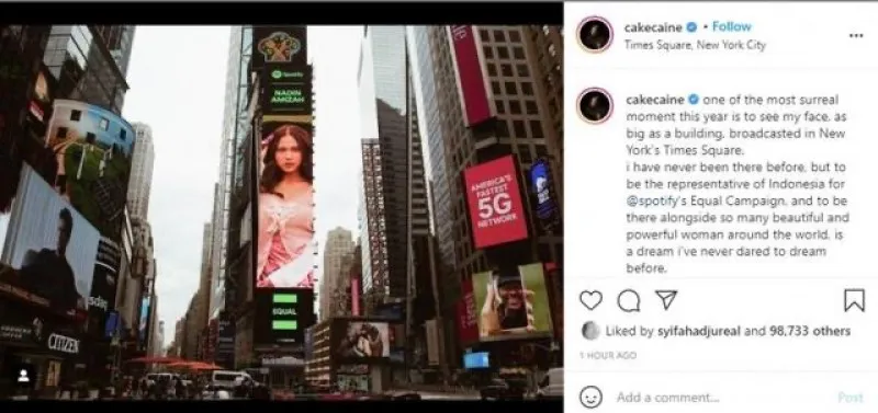 Foto Nadin Amizah terpampang nyata di Times Square US. (foto: instagram @nadinamizah)