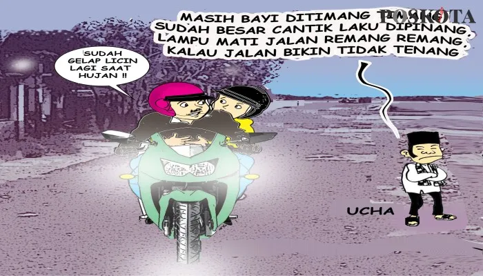 Ilustrasi Aspirasi Warga: Lampu PJU Rusak, Jalan Raya Kutruk Malam Hari Gelap. (karikaturis: poskota/ucha)