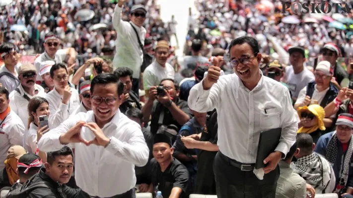 Kampanye Akbar Anies Baswedan-Muhaimin Iskandar (Cak Imin) di Jakarta International Stadium (JIS), Jakarta Utara pada Sabtu (10/2/2024).(Ahmad Tri Hawaari)