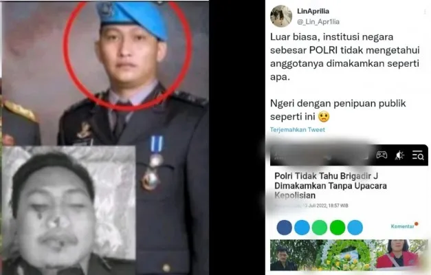 Kolase foto Brigadir J yang ditembak mati di rumah Kadiv Propam Irjen Ferdy Sambo dan postingan netizen di twitter. (ist/diolah dari google.com)