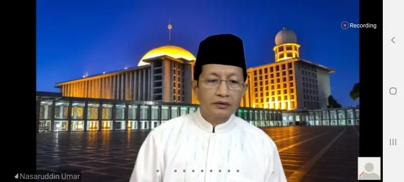 KH Nasaruddin Umar di acara tahlilan dan doa bersama 49 hari wafatnya Bapak H.Harmoko (foto: tangkapan layar Zoom)