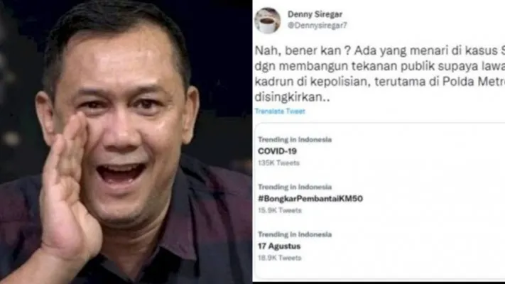 Kolase pegiatan media sosial, Denny Siregar dan tangkapan tagar bongkar pembantai KM 50 di twitter. (ist/diolah dari google.com)