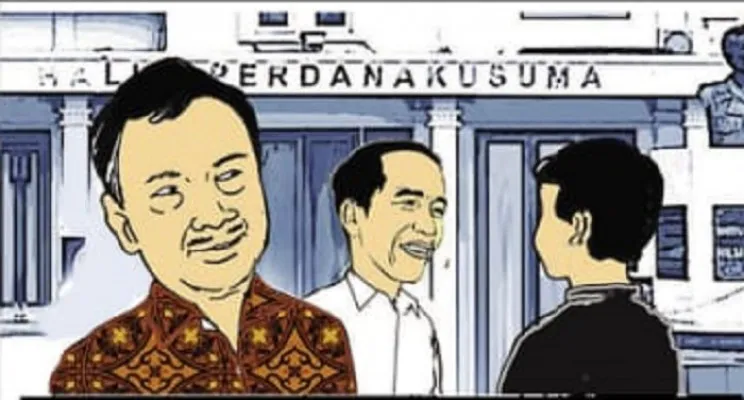 Sukardi Rinakit (kiri) dan Presiden Joko Widodo (tengah) saat berada di Bandara Halim Perdanakusuma, Jakarta diilustrasikan dalam bentuk komik. (karya : Yudi Himawan)