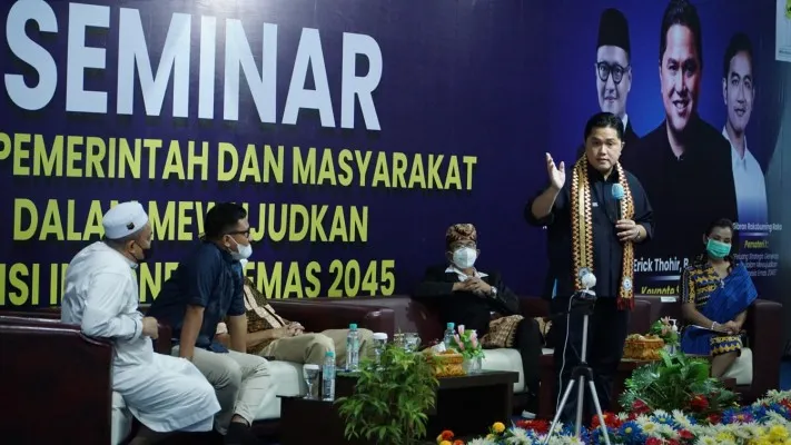 Erick Thohir dalam seminar dengan tema ‘Peran Pemerintah dan Masyarakat Dalam Mewujudkan Visi Indonesia Emas 2024’. (ist)