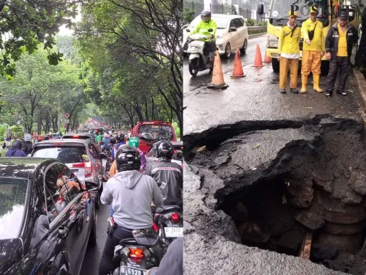 Situasi lalu lintas di Jalan RA Kartini TB Simatupang, Cilandak, macet horor karena ada jalan amblas memakan sebagian jalan arah lampu merah RS Fatmawati. Foto: Poskota/Angga