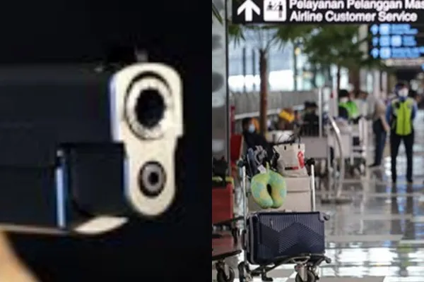 Pistol Dirut BUMN meletus di Bandara Sultan Hasanuddin, Makassar. Foto: Kolase/Ist.