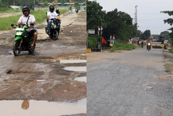 Jalan rusak di Lampung kini disorot Jokowi. Foto: Kolase/Ist.