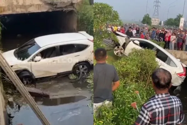 Mobil Honda CR-V tercebur di Grand Wisata Tambun Bekasi. Foto: Kolase/Ist.