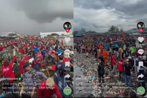 Ribuan warga Lampung bersihkan pantai terkotor kedua di Indonesia. Foto: Capture TikTok.