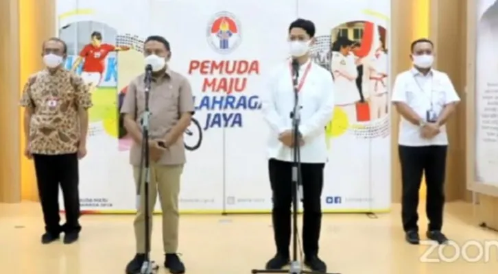 Menpora Zainudin Amali dan Ketua NOC Raja Sapta Oktohari saat melakukan jumpa pers. (foto: youtube Kemenpora)